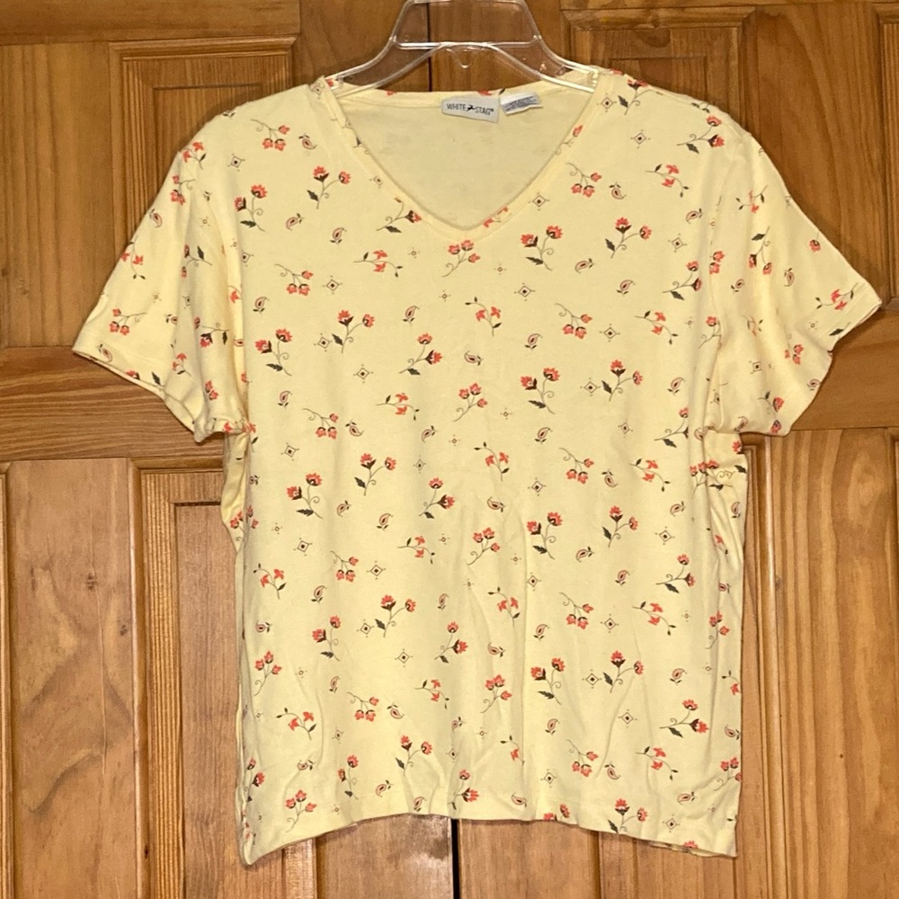 NWOT White Stag Vintage 90s Top V Neck Short Sleeve Blouse Yellow Orange Size L